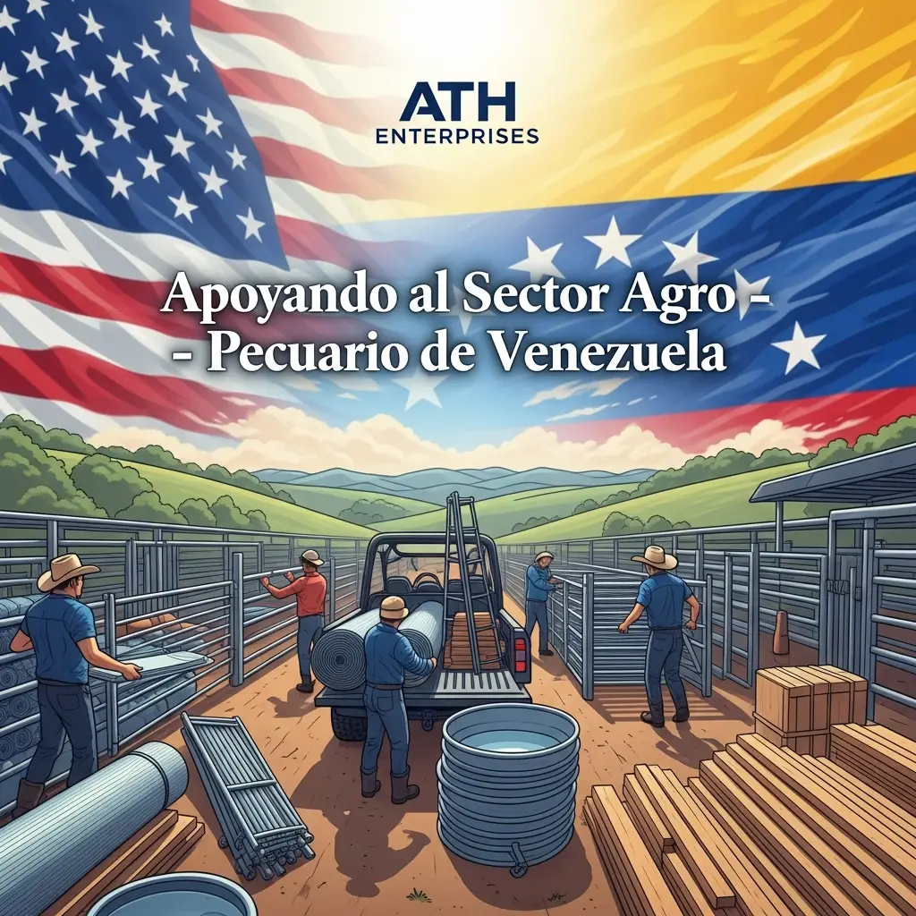 Banner showing US and Venezuelan flags over a ranch with workers assembling metal piping for the agro-pecuario sector; ATH Enterprises logo and Spanish headline text include 'Apoyando al Sector Agro-Pecuario de Venezuela'