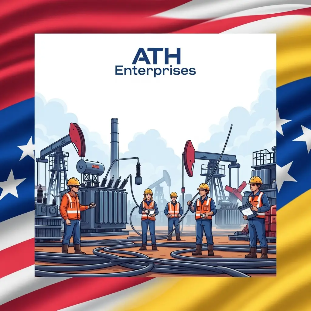Illustration of refinery workers in hard hats and orange vests inspecting equipment against a cloudy sky with the ATH Enterprises logo above it.