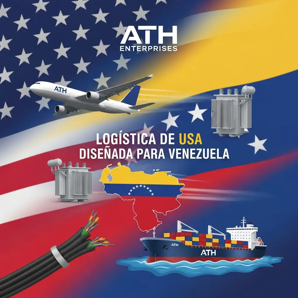 ATH Enterprises branding over a stylized US flag background with a cargo plane, transformers, and a cargo ship, plus a map of Venezuela&mdash;illustrating US-to-Venezuela logistics.