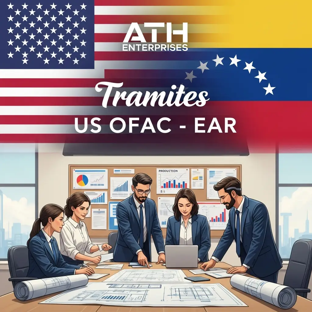 Illustration of five professionals around a conference table reviewing charts and blueprints for US OFAC-EAR compliance, with a large American flag motif and the word Tramites prominently displayed in the background.