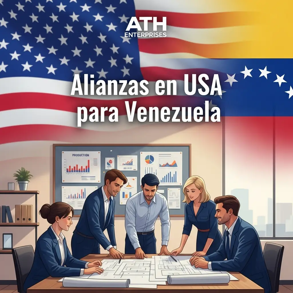 Team of professionals in a meeting room planning USA&ndash;Venezuela alliances, with flag backdrop and charts on the wall.