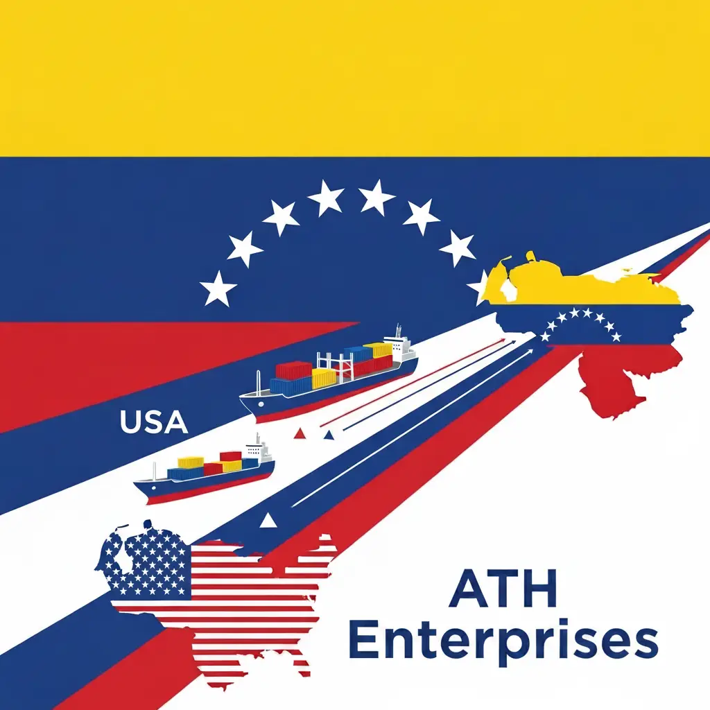 Promotional graphic with US flag colors, cargo ships, and a map of the Americas, featuring the text 'ATH Enterprises' and 'USA'.