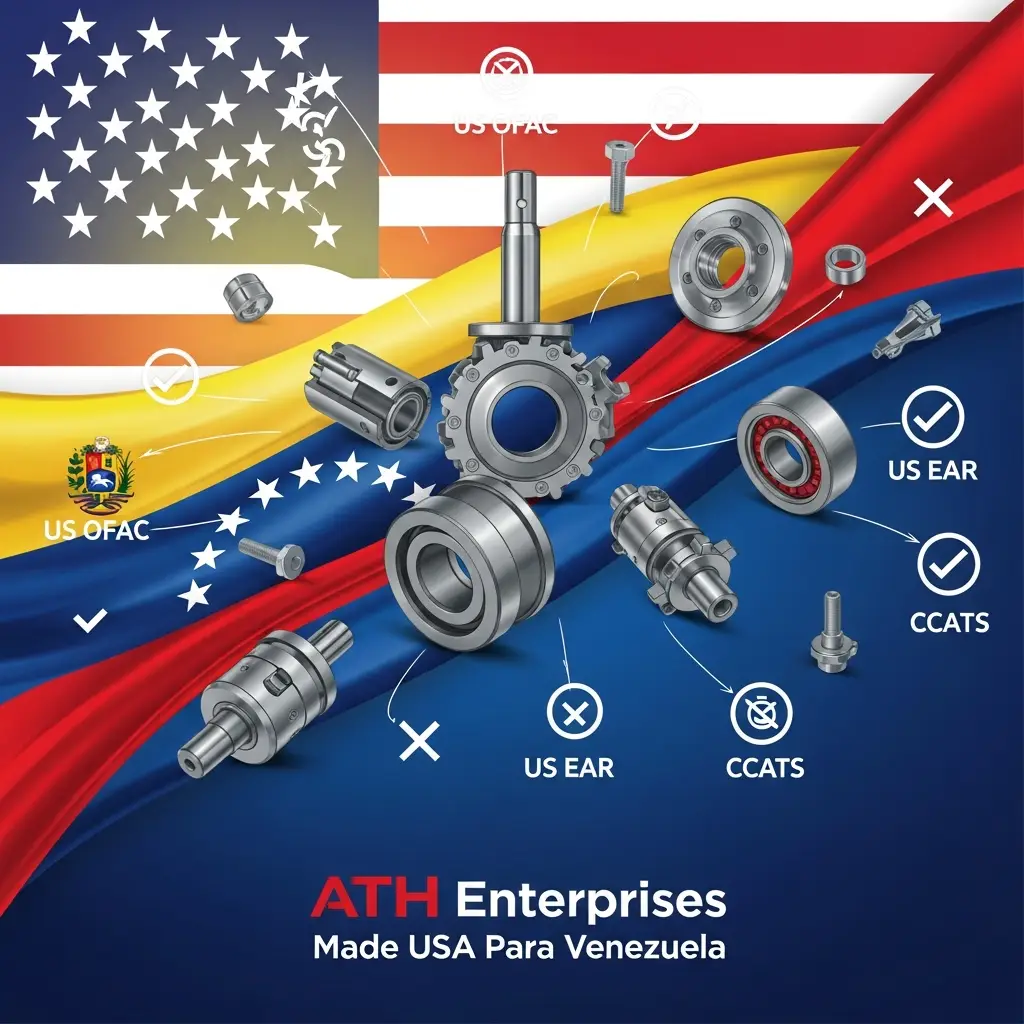 Infographic-style collage of metal machinery parts over blended US and Venezuelan flags, with sanction labels like US OFAC, US EAR, CCATS and the text 'Made USA Para Venezuela'.