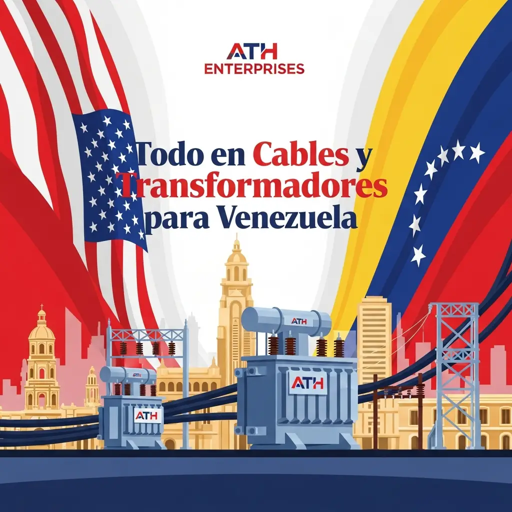 ATH Enterprises banner advertising electrical cables and transformers for Venezuela, with transformers, cables, and US/Venezuela flags over a city skyline.