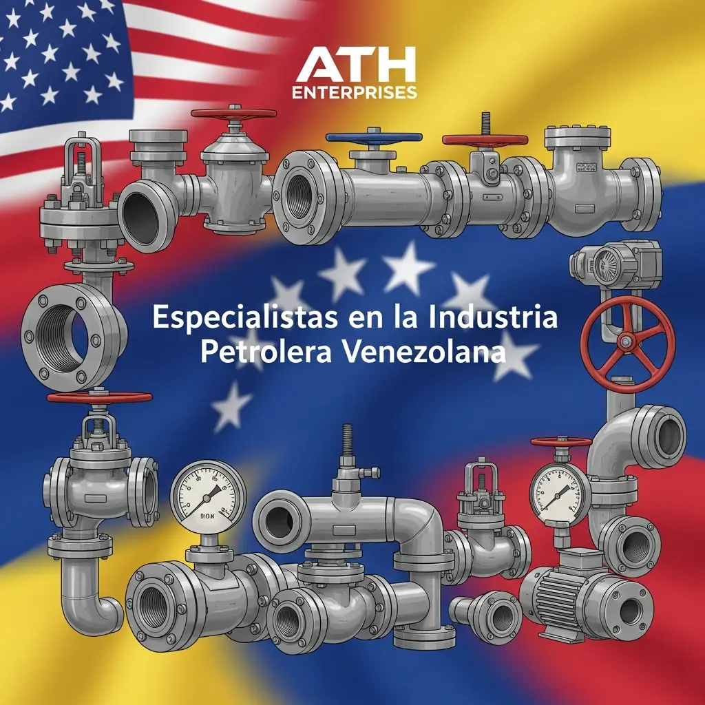 Industrial valves and pipes overlayed on a Venezuelan flag promoting ATH Enterprises as specialists in the Venezuelan oil industry.
