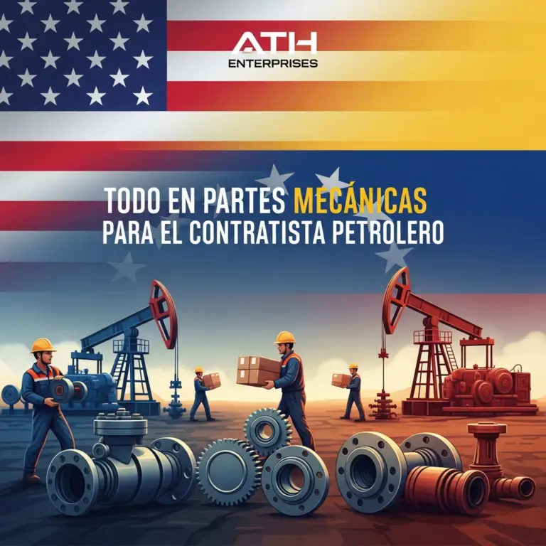 Oilfield workers and drilling rigs with large gears and pipes in the foreground, American and Venezuelan flags backdrop and company text above.