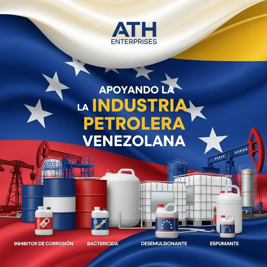 Promotional image: Venezuelan flag backdrop with oil industry equipment&mdash;barrels, tanks, and pumps&mdash;overlaid with Spanish text supporting Venezuela's oil industry and ATH Enterprises.