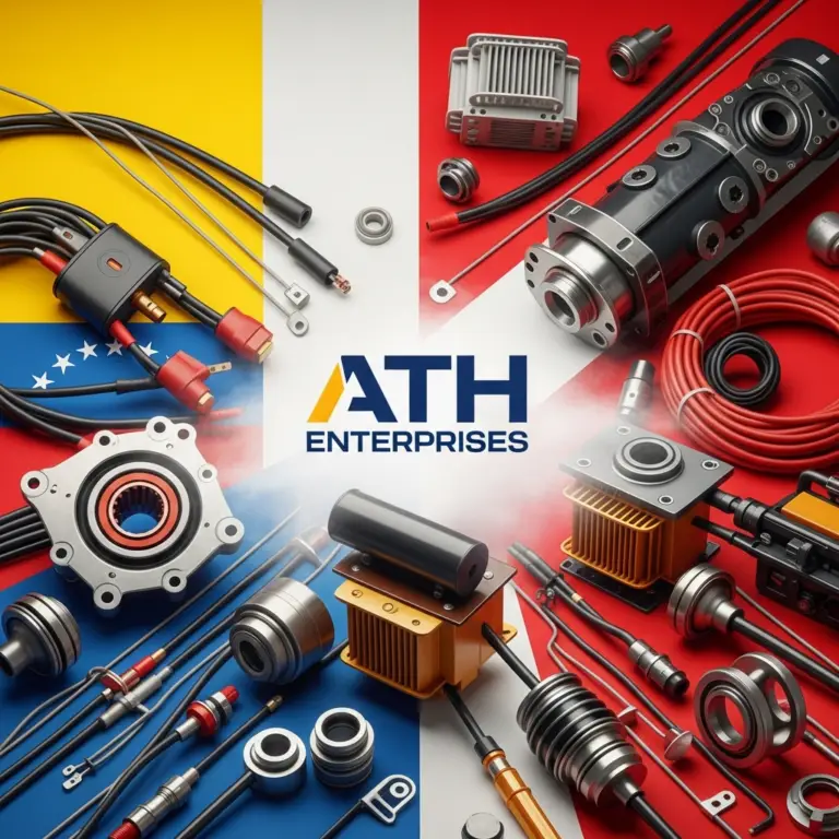 Collage of automotive and industrial parts around a central ATH ENTERPRISES logo on a multicolor background.