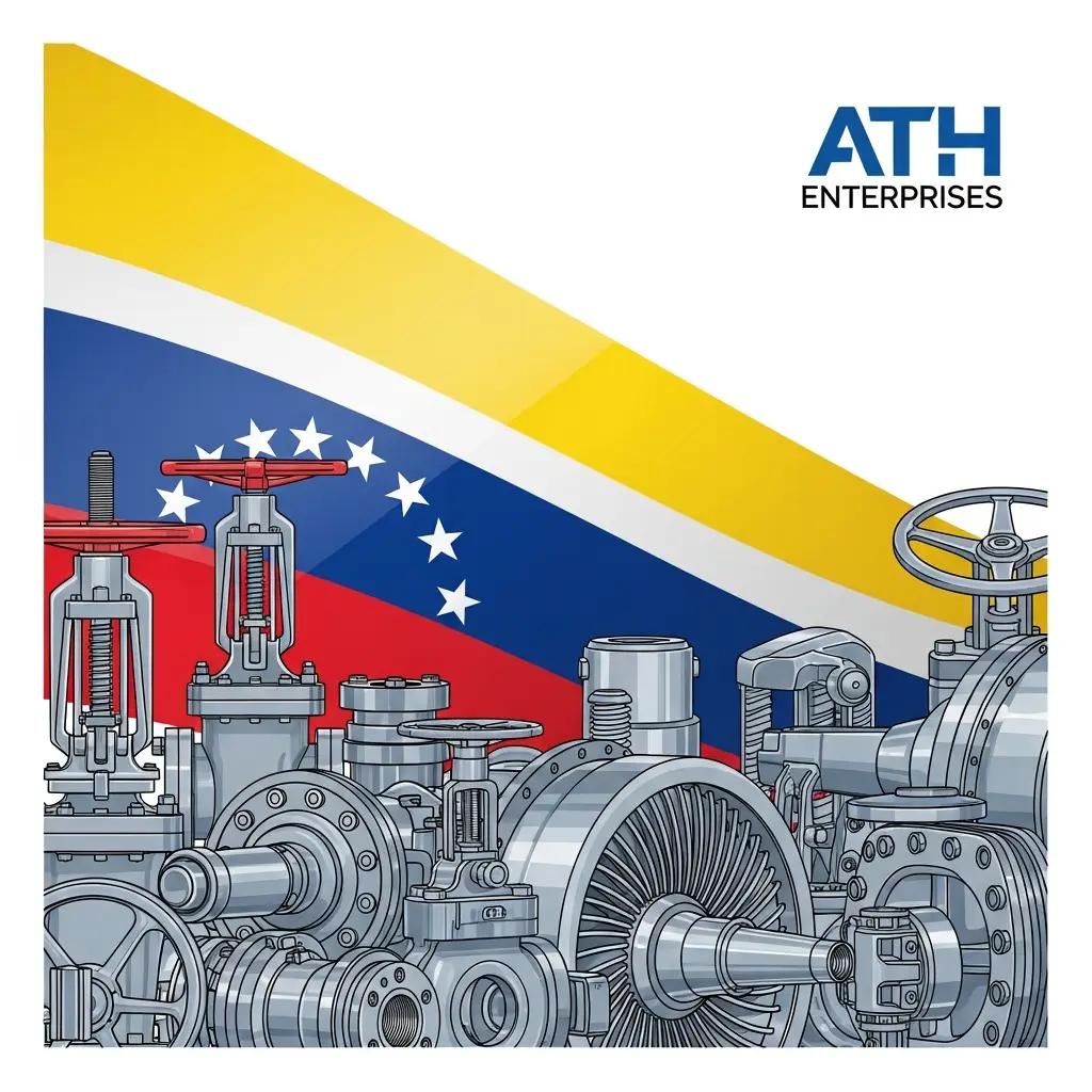Equipos y partes mec&aacute;nicas industriales sobre fondo con los colores de la bandera de Venezuela y el nombre ATH Enterprises.