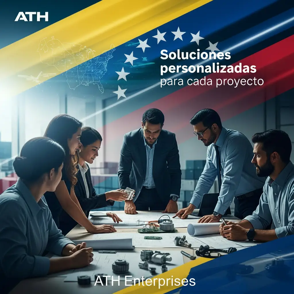Group of professionals gathered around a table reviewing plans in a modern office, with 'Soluciones personalizadas para cada proyecto' and 'ATH Enterprises' branding in the background.