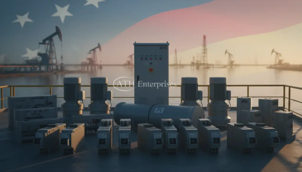 generated-image-1a9103f7-c2a7-41ea-b69b-ed5e2a732c43 - ATH Enterprises | Procura Industrial y Logística USA-Venezuela - ATH Enterprises | Procura Industrial y Logística USA-Venezuela Industrial offshore platform equipment with pumps and control panel, oil rigs in the distance and a subtle flag overlay in the sky