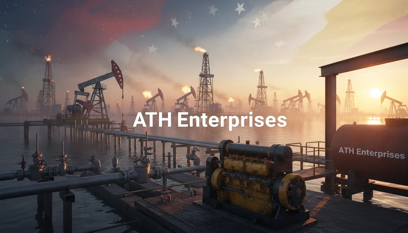 generated-image-22ea8cc5-29e3-4f1d-a9eb-5f77f097d7c8 - ATH Enterprises | Procura Industrial y Logística USA-Venezuela - ATH Enterprises | Procura Industrial y Logística USA-Venezuela Offshore oil field at sunset with drilling rigs, pipes, and pumps, featuring ATH Enterprises branding across the scene.