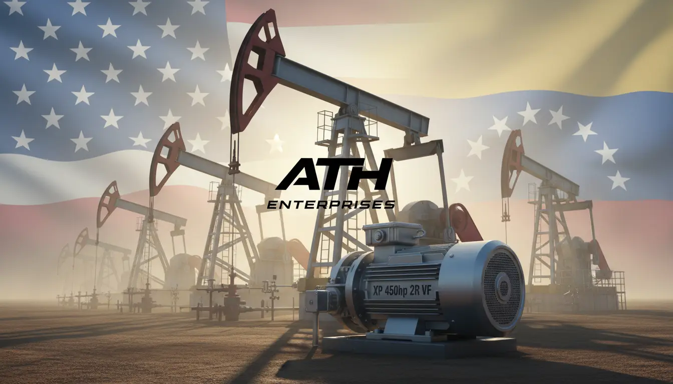 generated-image-2974b0ad-a53a-4227-a11f-5e863c58c550 - ATH Enterprises | Procura Industrial y Logística USA-Venezuela - ATH Enterprises | Procura Industrial y Logística USA-Venezuela Oil field with pumpjacks and a large motor in the foreground, overlaid by a waving American flag and the ATH Enterprises logo.