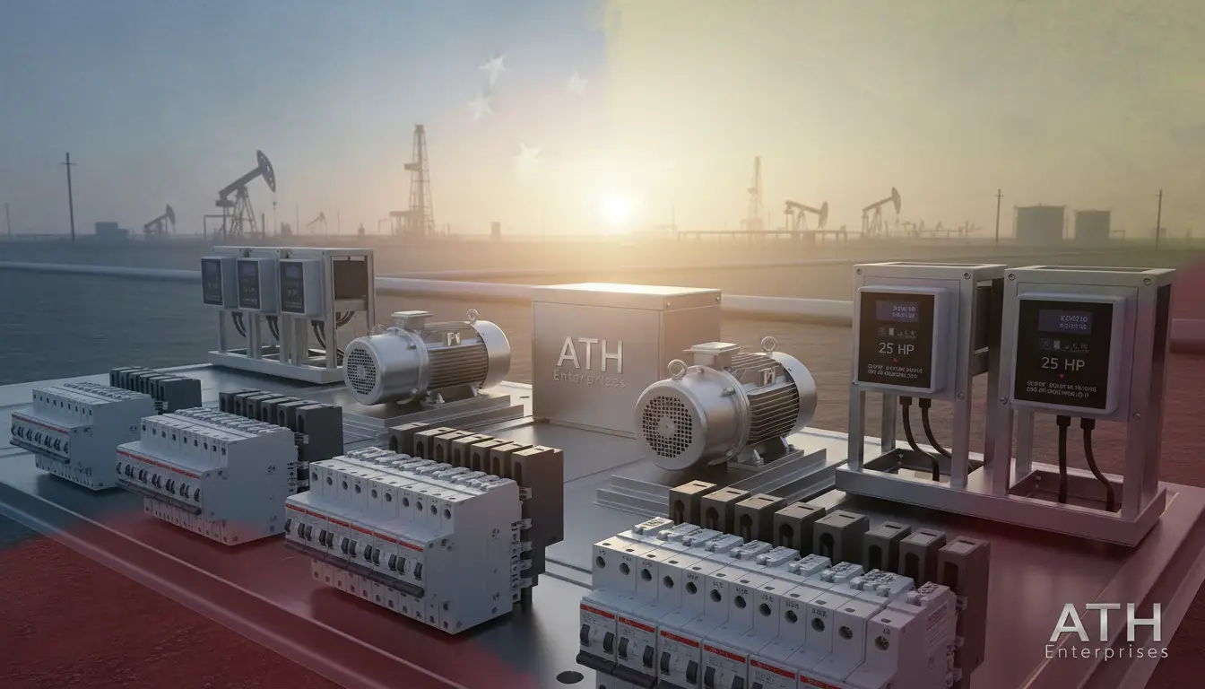 generated-image-5ad1a983-672b-4bbc-8d23-e205f35d646d - ATH Enterprises | Procura Industrial y Logística USA-Venezuela - ATH Enterprises | Procura Industrial y Logística USA-Venezuela Industrial control panel setup on a red platform with pumps, wiring blocks, and ATH Enterprises logo in the foreground; oil field rigs in the hazy background at sunset.