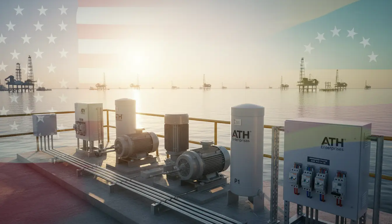 Industrial equipment and pumps on a waterfront platform at sunset, with a faded U.S. flag overlay in the sky and water.