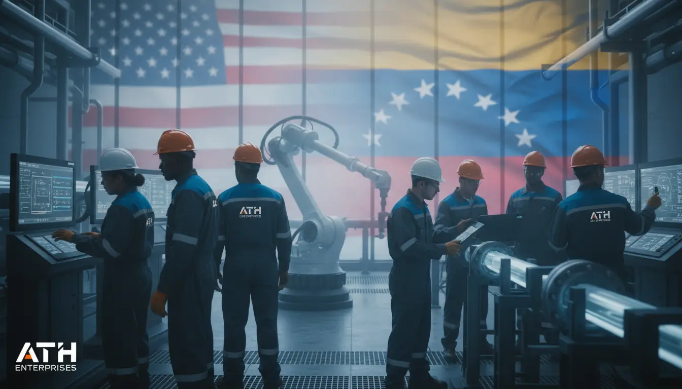 High-tech industrial control room with technicians in blue coveralls and hard hats monitoring screens as a robotic arm operates nearby, US and Venezuelan flags overlaid in the background.
