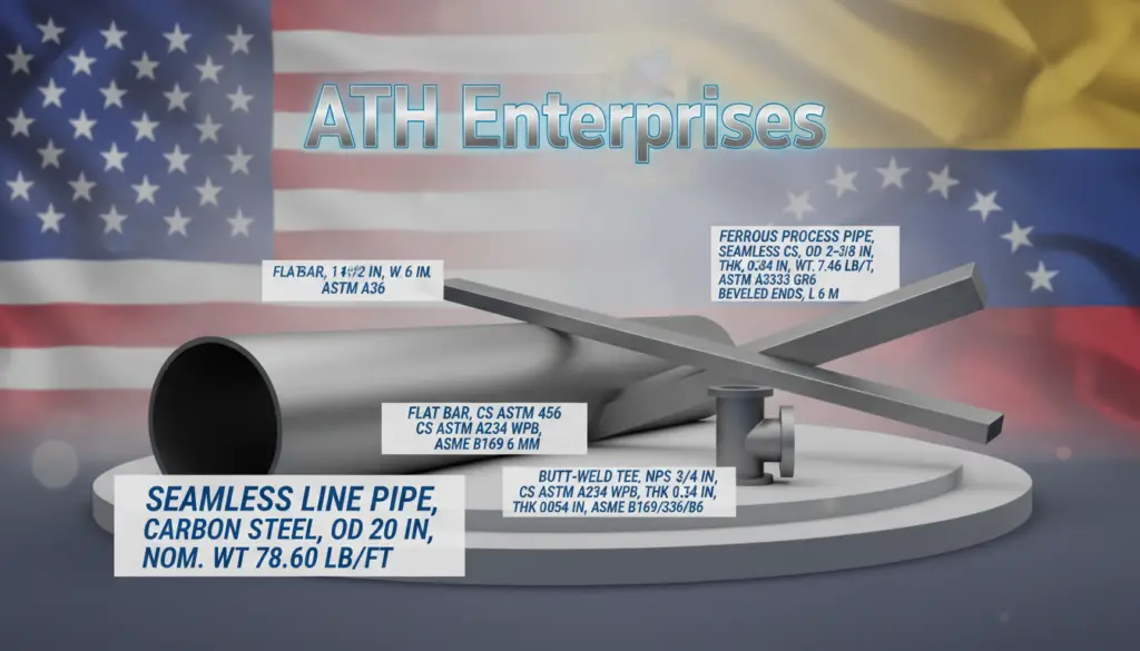 3D display of a seamless carbon steel line pipe with labeled components and ATH Enterprises banner.