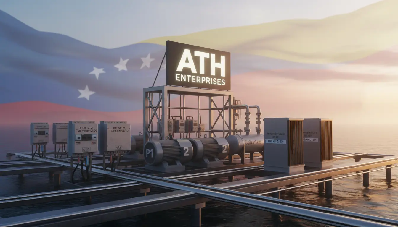 generated-image-7ccc8a72-dc35-4691-83d1-db707a630b52 - ATH Enterprises | Procura Industrial y Logística USA-Venezuela - ATH Enterprises | Procura Industrial y Logística USA-Venezuela Industrial offshore facility with pipelines and equipment on stilts, a large ATH ENTERPRISES sign atop a framework, against a sunset sky and a waving flag in the background.