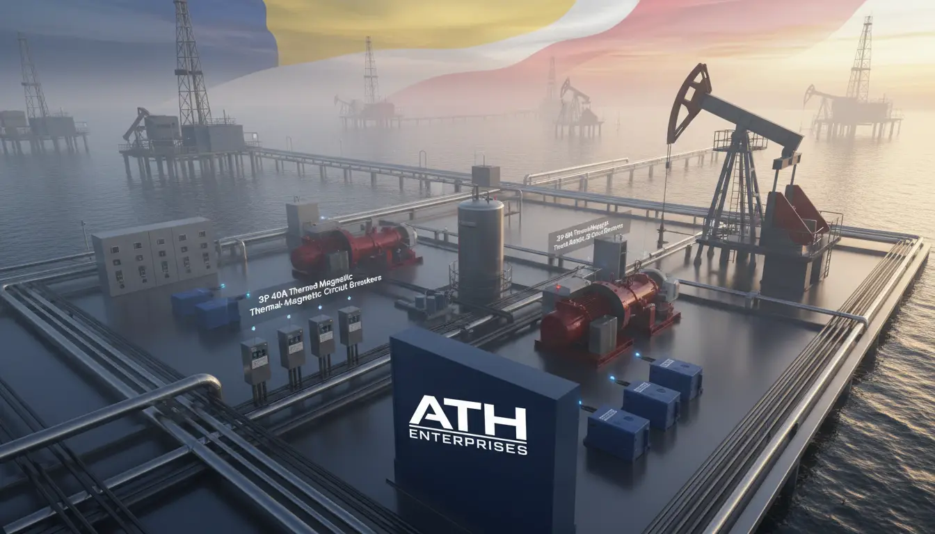 generated-image-8af61535-6068-410c-9ce8-5453592e9a4a - ATH Enterprises | Procura Industrial y Logística USA-Venezuela - ATH Enterprises | Procura Industrial y Logística USA-Venezuela Offshore oil platform with pumping machinery and a large ATH Enterprises sign on a blue panel in the foreground.