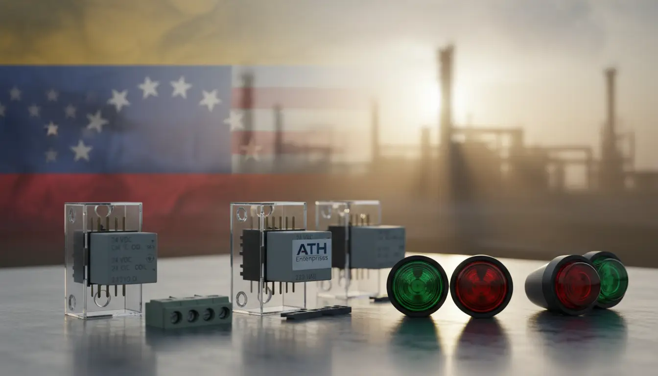 Electrical relays and signal lamps sit on a worktable, with an industrial background and a translucent flag overlay, conveying energy/industry context.