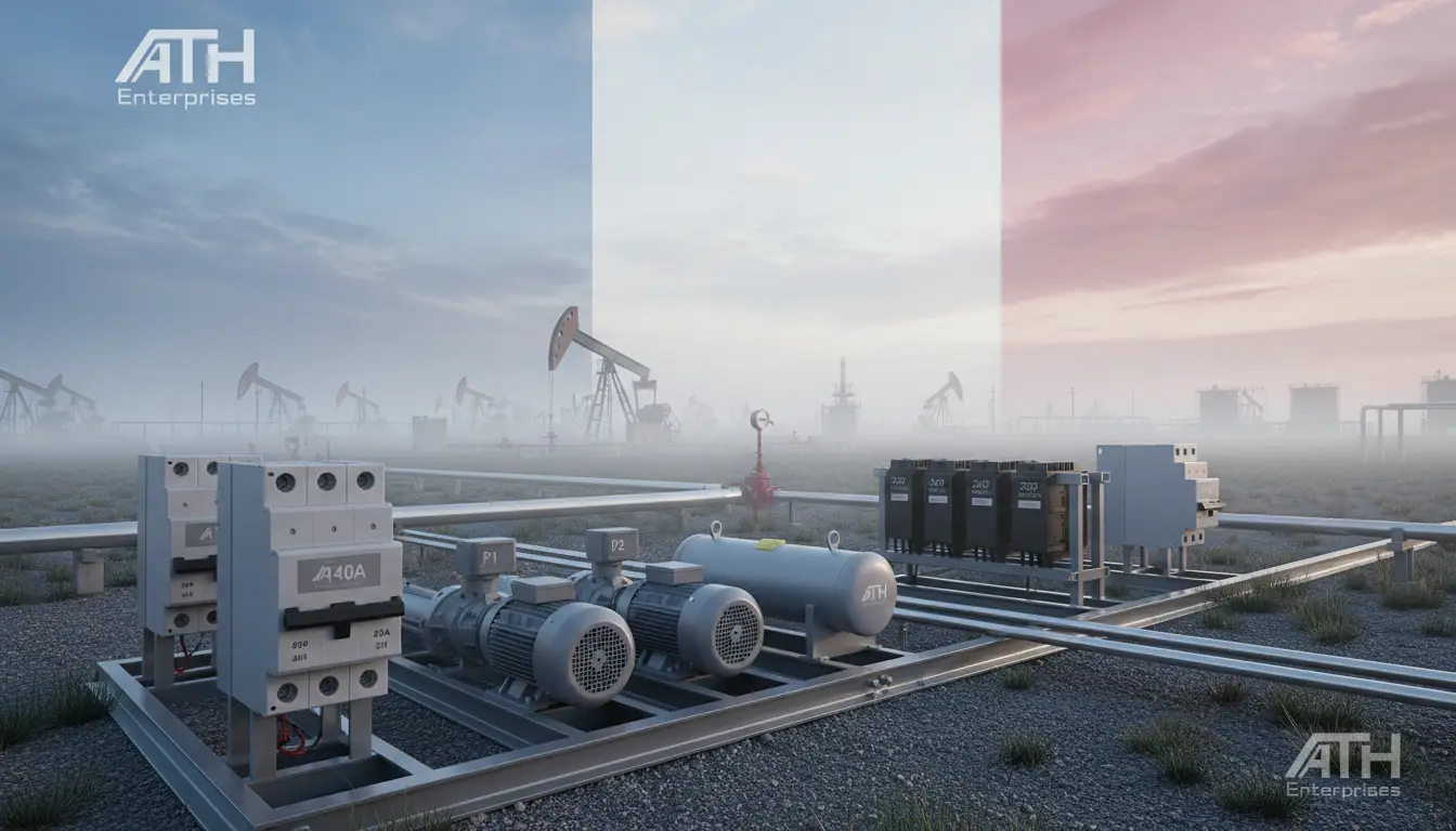 Oilfield machinery on a gravel site: pumps, motors, control panels, and pipelines with distant pumpjacks under a hazy sky; ATH Enterprises logos visible on left and right.