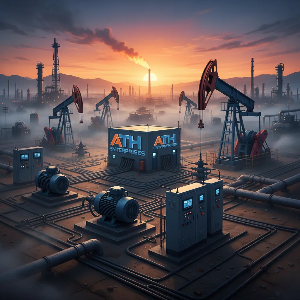Industrial oil field at sunset with pumping units; a blue ATH Enterprises box in the foreground.