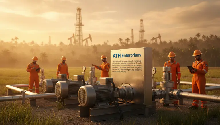 Oil field scene with four workers in orange coveralls inspecting pumps and piping near a metal control panel labeled 'ATH Enterprises' at sunset.