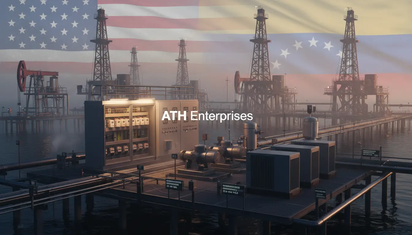 generated-image-deed0a6c-00b7-48fc-bb3e-1d0e82c5cb13 - ATH Enterprises | Procura Industrial y Logística USA-Venezuela - ATH Enterprises | Procura Industrial y Logística USA-Venezuela Industrial offshore platform with equipment rooms on a deck; U.S. flag overlay and 'ATH Enterprises' text in the foreground