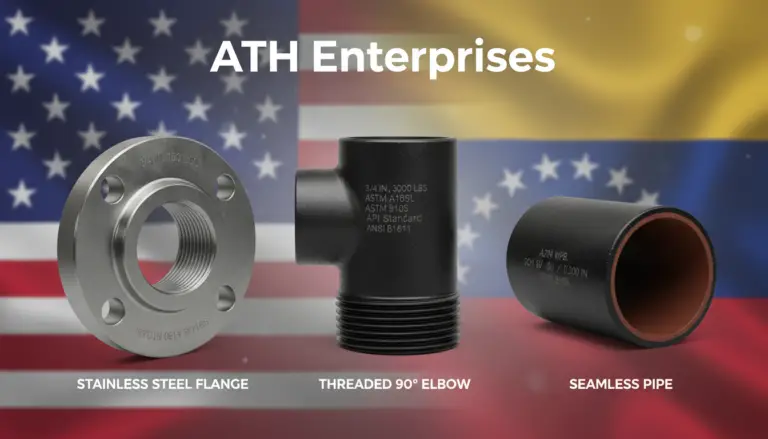 ATH Enterprises product showcase: stainless steel flange, threaded 90&deg; elbow, and seamless pipe displayed against an American flag backdrop.