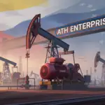 Oil drilling site with multiple pumpjacks and pipelines, a large central compressor, and a rusted beam labeled ATH ENTERPRISES against a flag-lit sky.