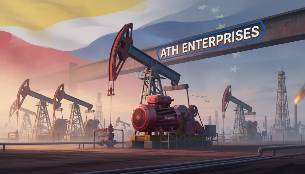 generated-image-faacc54e-819f-45b9-b320-a15f32565a34 - ATH Enterprises | Procura Industrial y Logística USA-Venezuela - ATH Enterprises | Procura Industrial y Logística USA-Venezuela Oil field with several pumpjacks and a large central compressor; a rusted bridge sign reads ATH ENTERPRISES against a hazy sky.